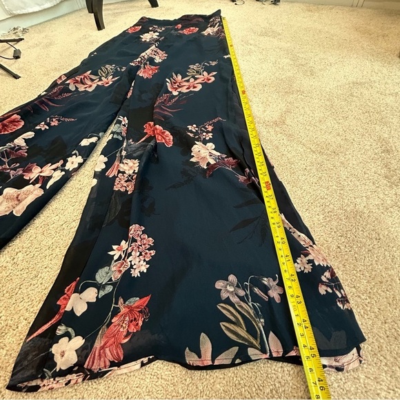 ZARA navy blue pink floral flower chiffon wide leg slit hem pants Sz M - Picture 13 of 14